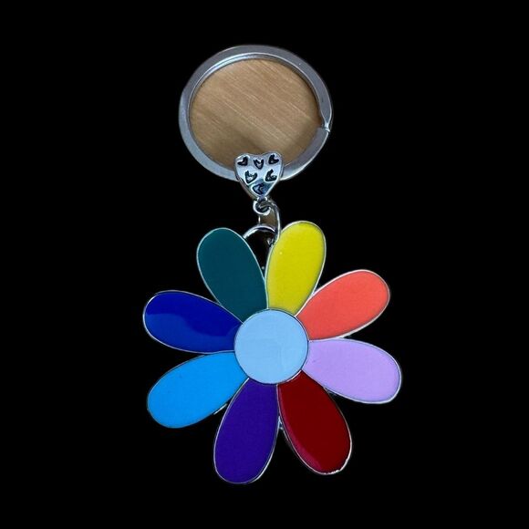 BAG CHARM Rainbow Daisy in Silver Tone Keychain - Picture 1 of 3